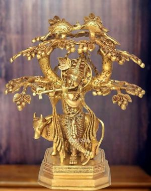 Brass Cow Krishna with Tree