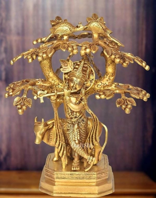 Brass Cow Krishna with Tree